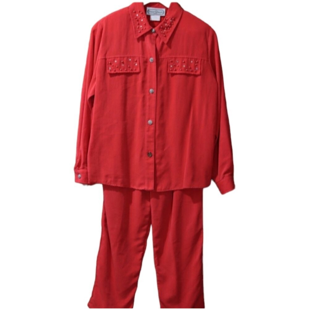 Saint Germain Red Beaded Vintage 80s Pantsuit Leisure Suit USA Medium